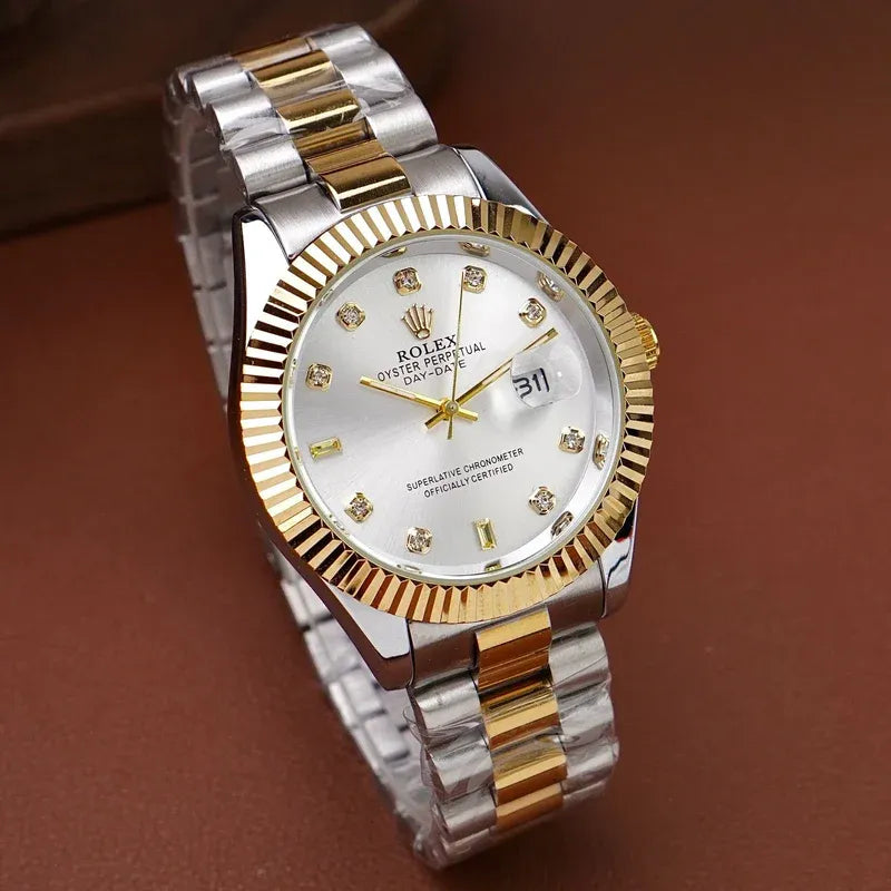 🤍 Gold & Silver + White Dial (Bezel Cut) | Waterproof | Stainless Steel