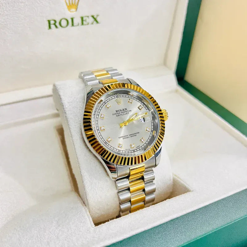 🤍 Gold & Silver + White Dial (Bezel Cut) | Waterproof | Stainless Steel