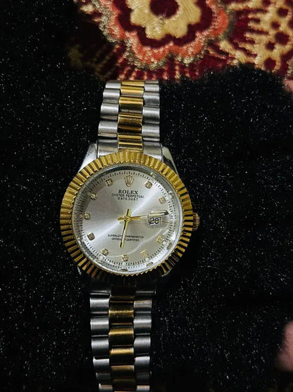 🤍 Gold & Silver + White Dial (Bezel Cut) | Waterproof | Stainless Steel