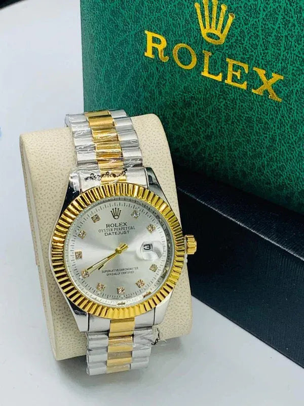 🤍 Gold & Silver + White Dial (Bezel Cut) | Waterproof | Stainless Steel